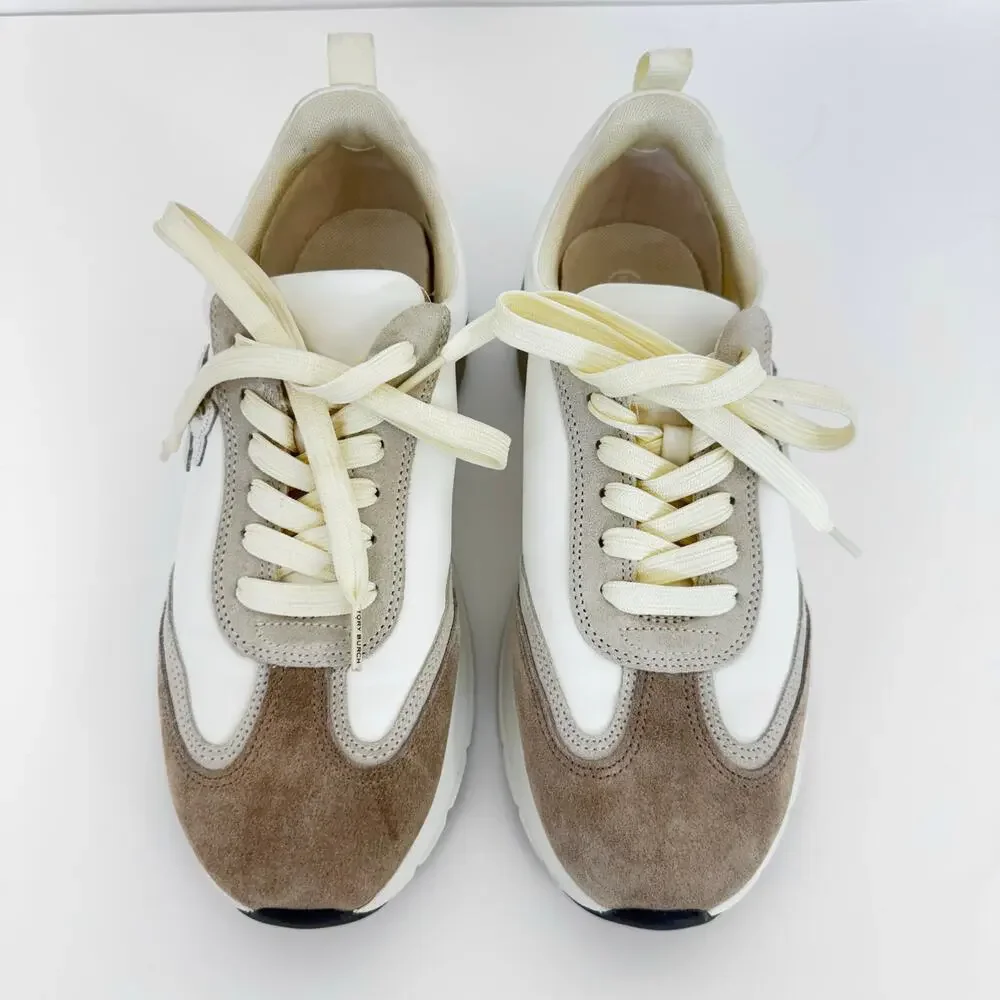 Tory Burch Good Luck Trainer Sneakers Suede Trim White/Tan Women's 9.5M